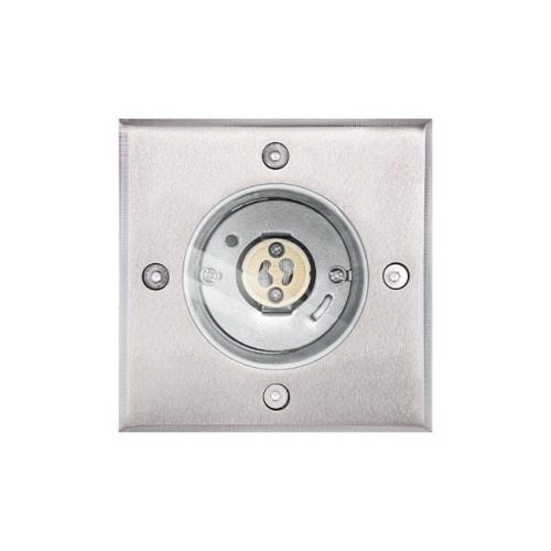Kwadratowa oprawa najazdowa LED GU10 o średnicy 110 mm, wykonana z metalu w kolorze srebrnym. Widoczny gwint na żarówkę, cztery otwory montażowe oraz gładka, matowa powierzchnia. Produkt odporny na wodę (IP67).