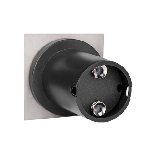 Oprawa najazdowa LED GU10 IP67 o kwadratowej podstawie 110 mm, z czarnym wnętrzem i metalowym wykończeniem. Widoczny otwór na żarówkę oraz dwa mocowania. Produkt montowany w podłodze, idealny do zastosowań zewnętrznych.