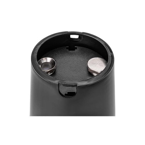 Oprawa najazdowa LED GU10 w kolorze czarnym, o średnicy 110 mm, z widocznymi metalowymi stykami wewnętrznymi. Ujęcie z góry, ukazujące wnętrze oprawy, wykonanej z materiału odpornego na wodę (IP67).
