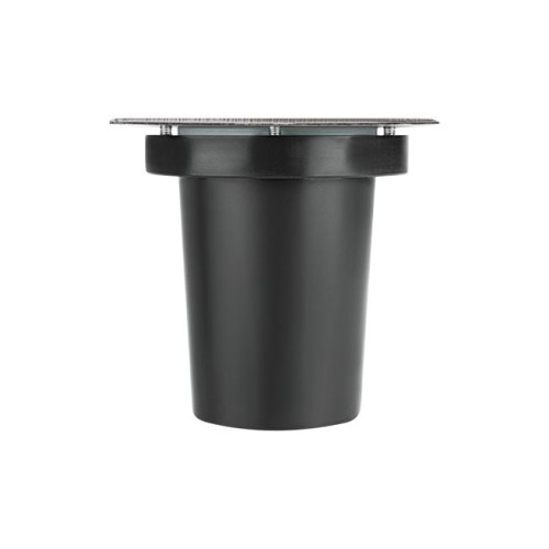 Oprawa najazdowa LED GU10 IP67 o kwadratowej, czarnej obudowie. Wymiary 110 mm. Ujęcie frontalne, produkt w pozycji stojącej. Widoczna metalowa osłona oraz otwory do montażu. Idealna do zastosowań zewnętrznych.