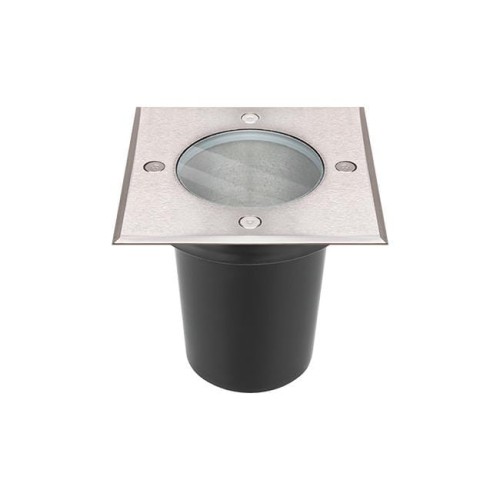 Oprawa najazdowa LED GU10 IP67 w kwadratowej obudowie o wymiarach 110 mm. Metalowa pokrywa w kolorze srebrnym z przezroczystym szkłem, umieszczona na czarnej podstawie. Ujęcie frontalne, produkt stojący.