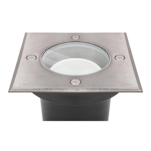 Kwadratowa oprawa najazdowa LED GU10 IP67 o średnicy 110 mm, z metalową, szczotkowaną powierzchnią i szklanym kloszem. Widoczna jest lampa w centralnej części oraz cztery śruby mocujące. Produkt zamontowany w pozycji poziomej.