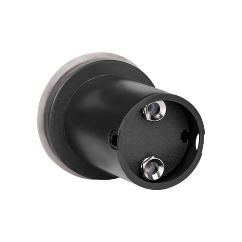 Okrągła oprawa najazdowa LED GU10 IP67, średnica 110 mm, w kolorze czarnym. Widoczna wnęka z dwoma gniazdami oraz otworem na kabel. Produkt przeznaczony do montażu w podłożu, odporny na działanie wody i pyłu.