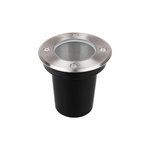 Oprawa najazdowa LED GU10 IP67 o średnicy 110 mm, z okrągłą, stalową obręczą oraz czarnym, plastikowym korpusem. Zestawienie matowych i błyszczących powierzchni, widoczne otwory na śruby. Produkt przeznaczony do użytku zewnętrznego.