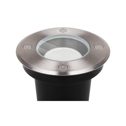 Okrągła oprawa najazdowa LED GU10 IP67 o średnicy 110 mm, z metalową obręczą i przezroczystym szkłem. Widoczna centralna lampa, zamontowana w czarnym korpusie. Ujęcie z góry, ukazujące detale konstrukcji oraz mocowania.