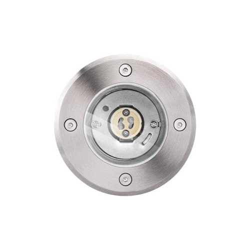Oprawa najazdowa LED GU10 o średnicy 110 mm, okrągła, wykonana z metalu w kolorze srebrnym. Widoczny gwint do żarówki GU10 oraz 6 śrub mocujących. Produkt przeznaczony do montażu w podłodze, odporny na wodę (IP67).