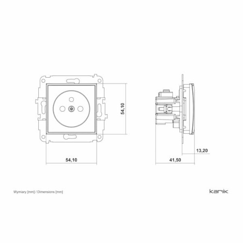 Gniazdo pojedyncze Karlik ICON z uziemieniem, białe, z przesłonami. Rysunek techniczny.