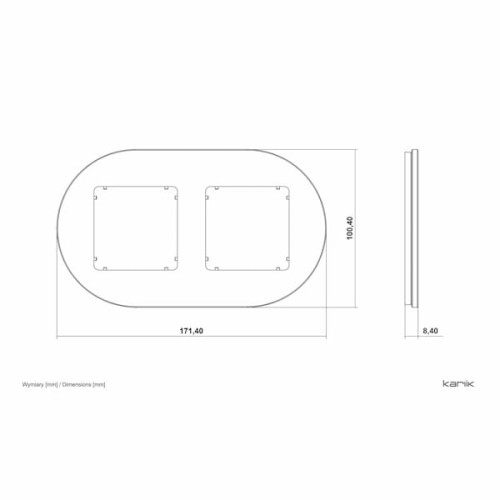 Podwójna ramka okrągła Karlik ICON w kolorze białym. Wymiary: 171,4 mm szerokości, 100,4 mm wysokości, 8,4 mm głębokości. Widoczne dwa prostokątne otwory montażowe. Prosty, minimalistyczny design, idealny do różnych aranżacji wnętrz.