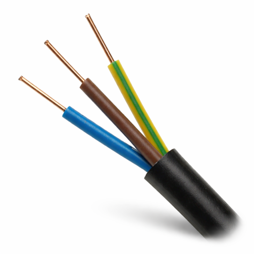 Kabel ziemny YKY 3x6 0,6/1kV z trzech żył: niebieskiej, brązowej i zielono-żółtej, osadzonych w czarnym, gumowym izolatorze. Widok z boku, ukazujący końcówki żył.