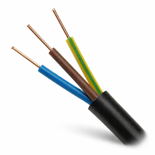 Kabel ziemny YKY 3x2,5 0,6/1kV z trzema żyłami: niebieską, brązową i żółto-zieloną, osłonięty czarną powłoką. Widok z boku, pokazujący końcówki żył. Idealny do instalacji elektrycznych w gruncie.