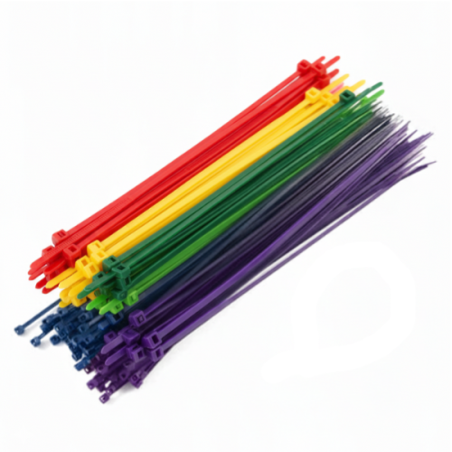 Zestaw 120 neonowych opasek kablowych o wymiarach 4,8x300 mm, w kolorach czerwonym, żółtym, zielonym, niebieskim, fioletowym i pomarańczowym, ułożonych w stosie, z widocznymi końcówkami do zapięcia.