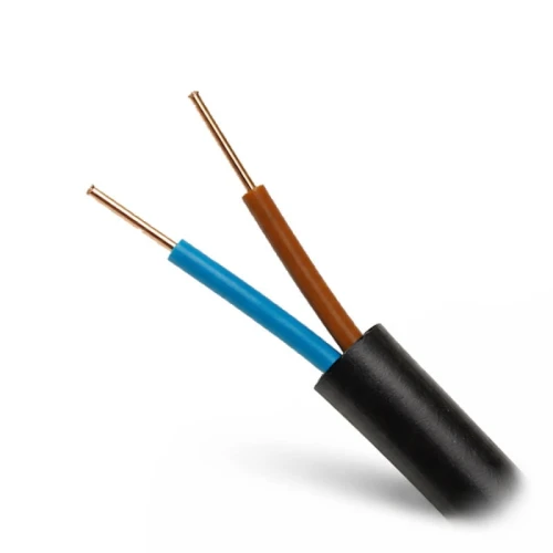 Kabel ziemny YKY 2x2,5 0,6/1kV Elpar z czarną izolacją, z widocznymi dwoma żyłami: niebieską i brązową, zakończonymi odsłoniętymi końcówkami. Produkt leży na białym tle, ukazując szczegóły materiału i kolorów.