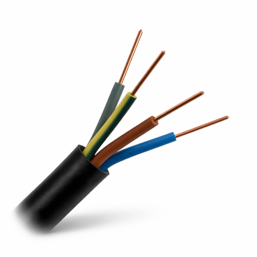 Kabel ziemny YKY 4x1,5 0,6/1kV z czarną izolacją, z widocznymi czterema przewodami: zielonym, niebieskim, brązowym i szarym. Przewody mają miedziane końcówki, ukazujące ich kolorowe oznaczenia. Ujęcie z boku.