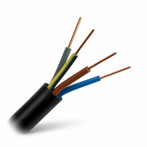 Kabel ziemny YKY 4x10 0,6/1kV o czarnej izolacji, z czterema miedzianymi żyłami: brązową, niebieską, żółtozieloną i szaro-zieloną, widoczny z boku, z częściowo odsłoniętymi końcami żył.