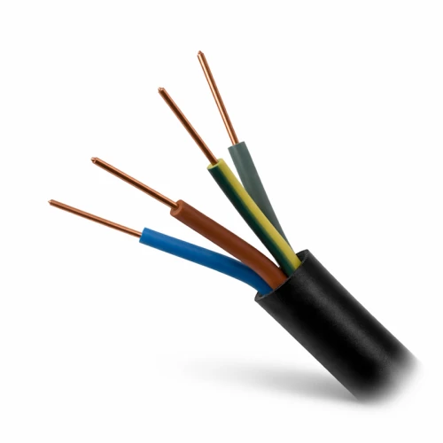 Kabel ziemny YKY 4x10 0,6/1kV z czarną izolacją, zawierający cztery żyły w kolorach: niebieskim, brązowym, zielono-żółtym i szarym. Produkt ukazany w zbliżeniu, z widocznymi końcówkami żył.
