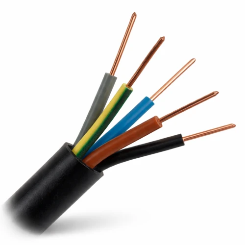Kabel ziemny YKY 5x10 0,6/1kV, składający się z pięciu żył miedzianych w kolorze czarnym, brązowym, niebieskim, zielono-żółtym i szarym, widoczny z boku, z wyraźnym izolacyjnym powłoką.