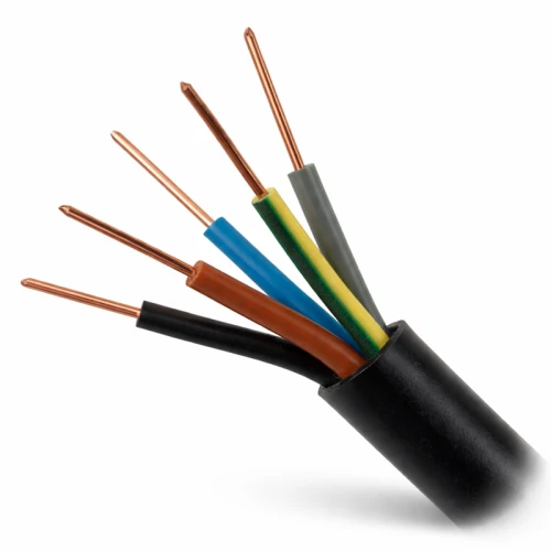 Kabel ziemny YKY 5x10 0,6/1kV, pięć miedzianych żył: czarna, brązowa, niebieska, zielona i szara, widoczne końcówki. Kabel w pozycji stojącej, na białym tle, z gładką, czarną izolacją. Idealny do instalacji elektrycznych w ziemi.