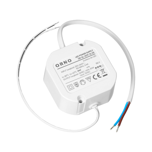 Zasilacz LED dopuszkowy IP67, 12V 20W w białej obudowie. Widoczne są dwa przewody (biały i niebieski) oraz szczegółowe informacje techniczne na górnej części obudowy. Produkt ma okrągły kształt i jest przeznaczony do montażu.