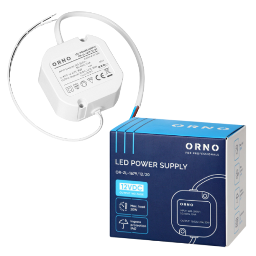 Zasilacz LED dopuszkowy IP67, 12V, 20W, w kolorze białym. Produkt z okrągłą obudową, z widocznym logo ORNO oraz informacjami technicznymi na etykiecie. W zestawie niebieskie pudełko z grafiką produktu oraz danymi technicznymi.