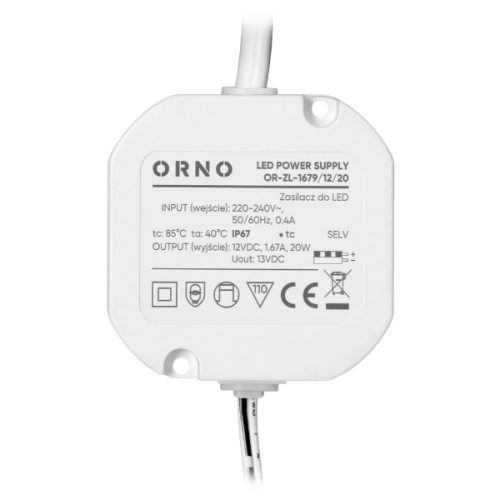Zasilacz LED dopuszkowy ORNO, kwadratowy, biały, z oznaczeniem IP67. Widoczny kabel zasilający. Z tyłu informacje o wejściu 220-240V i wyjściu 12V, 1,67A, 20W. Elementy graficzne dotyczące norm CE.