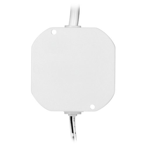 Zasilacz LED dopuszkowy IP67 o mocy 20W i napięciu 12V, o kwadratowym kształcie w kolorze białym. Widoczne dwa otwory montażowe oraz przewody elektryczne wychodzące z dolnej części. Ujęcie frontalne.