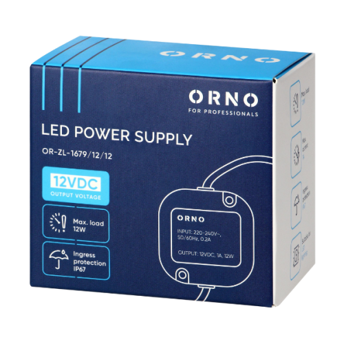 Zasilacz LED dopuszkowy ORNO w kolorze niebieskim, z widocznym napisem LED POWER SUPPLY. Wymiary opakowania z informacjami o napięciu wyjściowym 12V DC, maksymalnym obciążeniu 12W i stopniu ochrony IP67. Kabel wyprowadzony z boku.