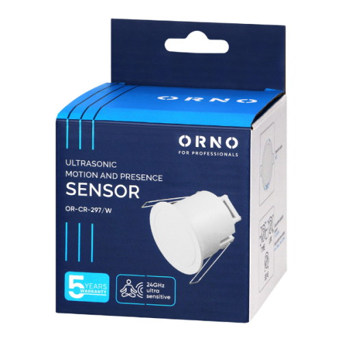 Ultrasoniczny czujnik ruchu i obecności w opakowaniu. Biały, okrągły sensor z logo ORNO, przeznaczony do sufitów podwieszanych, z zasięgiem 2000W oraz technologią 24GHz. Widoczna informacja o 5-letniej gwarancji.