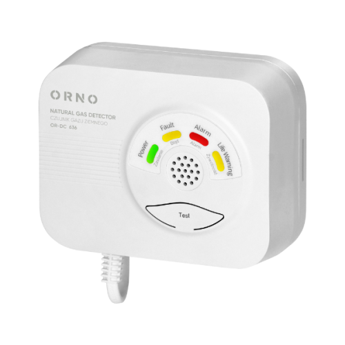 Czujnik gazu ziemnego 230V AC w białej obudowie, z przyciskami testu i wskaźnikami LED: zielonym (Power), żółtym (Fault), czerwonym (Alarm) oraz niebieskim (Lifewarning). Umieszczony na ścianie, z widocznym przewodem zasilającym.