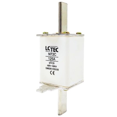 Wkładka topikowa NT2CgL/gG 125A 400V marki LCTEC, w białej obudowie z metalowymi końcówkami. Widoczny napis LCTEC NT2C 125A 400V oraz oznaczenia certyfikacyjne. Ujęcie z boku, stojąca pozycja.