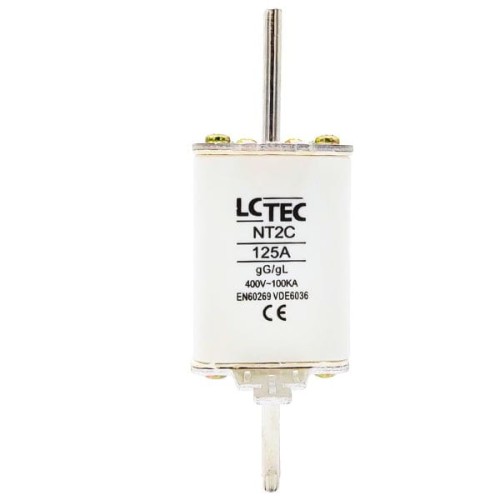 Wkładka topikowa NT2CgL/gG 125A 400V marki LCTEC, biała obudowa z metalowym trzpieniem, oznaczenia na obudowie, montażowe końcówki, przeznaczona do zabezpieczeń elektrycznych.