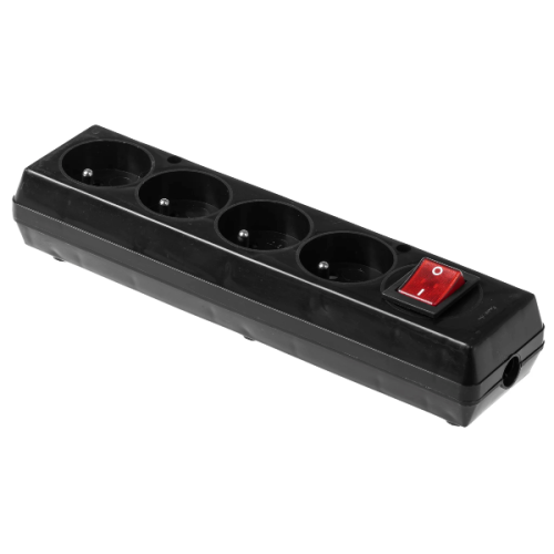 Gniazdo poczwórne Sigma 4x2P+Z, czarne, z wyłącznikiem. Stojące, z czterema gniazdami i czerwoną, podświetlaną kontrolką. Materiał plastikowy, rozbieralne. Widoczne otwory do montażu. Idealne do rozgałęziania zasilania.