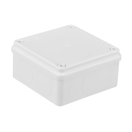 Puszka natynkowa hermetyczna 100x100x50 mm w kolorze białym, bez dławików, z widocznymi otworami bocznymi. Produkt umieszczony na białym tle, w pozycji leżącej, z widokiem na górną część i boki.