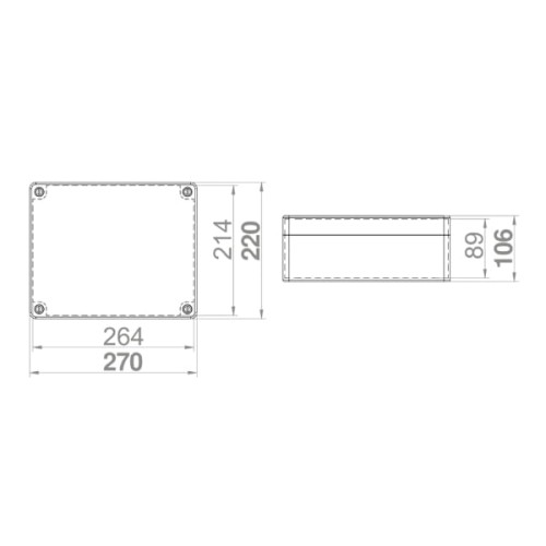 Puszka natynkowa Industrial w kolorze białym, o wymiarach 270x220x106 mm, z klasą ochrony IP65. Widok z boku oraz z góry, ukazujący wymiary i kształt prostokątny. Brak dodatkowych detali lub zdobień.