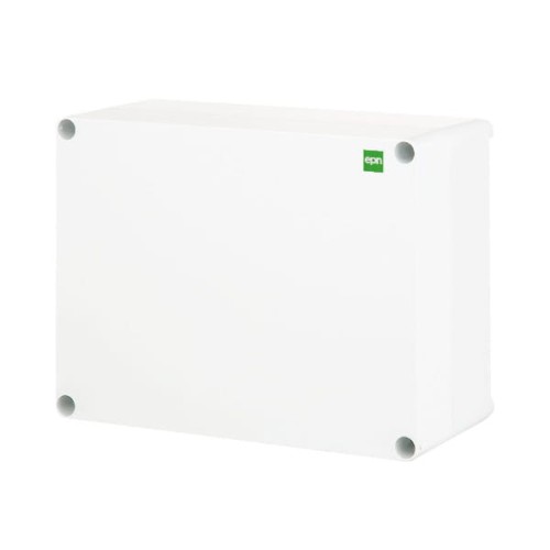 Puszka natynkowa w kolorze białym o wymiarach 270x220x106 mm, zabezpieczona na poziomie IP65. Produkt ma prostokątny kształt z zaokrąglonymi rogami i widocznymi otworami montażowymi w narożnikach.