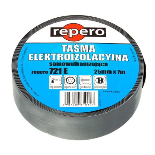 Taśma izolacyjna samowulkanizująca Repero 721E o szerokości 25 mm i długości 7 m, w kolorze czarnym. Widoczny okrągły korpus z niebieską etykietą zawierającą informacje o zastosowaniu, temperaturze, odporności na UV oraz certyfikacie.