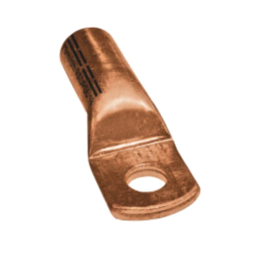 Końcówka kablowa CU-70/10 niecynowana w kolorze miedzianym, z otworem na końcu do mocowania. Produkt leży na białym tle, widoczny jest gładki, metaliczny materiał oraz oznaczenia na powierzchni.