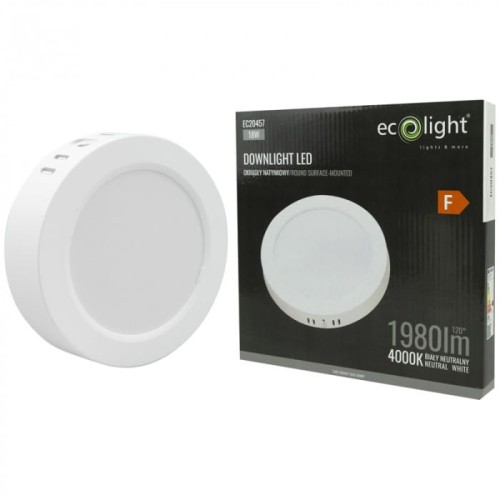 Oprawa sufitowa Downlight 24W w kolorze białym, okrągła, zamontowana na powierzchni. Widoczna jest część frontowa z gładką, matową powierzchnią oraz opakowanie z informacjami technicznymi. 4000K, neutralne białe światło.