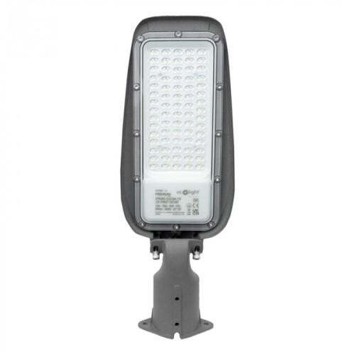 Lampa uliczna Premium 50W z obudową w kolorze szarym, z białą diodą LED, emitująca neutralne światło 4000K. Kąt ujęcia frontalny, widoczny uchwyt montażowy. Wysoka wydajność 130lm/W, klasa szczelności IP65.