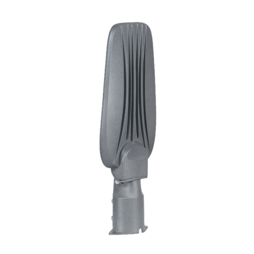 Lampa uliczna Premium 50W 4000K o wydajności 130lm/W, w kolorze szarym, z aerodynamicznym kształtem i rowkami na obudowie. Ujęcie z boku, pokazujące mocowanie. Klasa szczelności IP65, idealna do użytku zewnętrznego.
