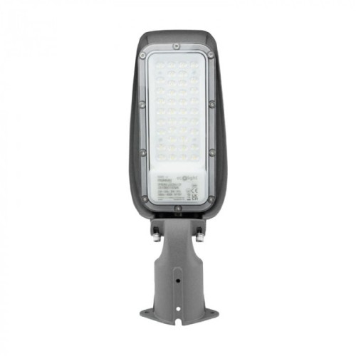 Lampa uliczna Premium 30W 4000K IP65 o neutralnej barwie, z obudową w szarym kolorze. Widoczne diody LED w prostokątnej formie, zamontowane na uchwycie do montażu. Produkt z widocznymi oznaczeniami i etykietą na tylnej części.