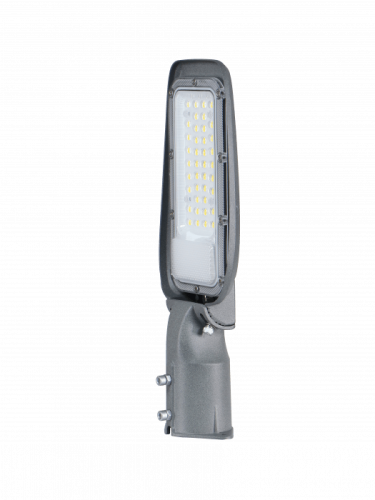 Lampa uliczna Premium 30W z obudową w kolorze szarym, z wbudowanymi diodami LED, o wydajności 130 lm/W i temperaturze barwowej 4000K. Posiada stopień ochrony IP65. Ujęcie z boku, ukazujące kształt i mocowania.