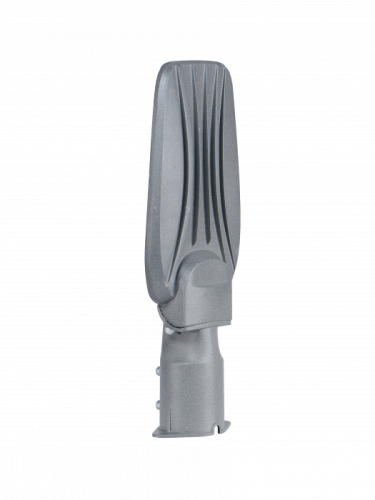 Lampa uliczna Premium 30W, kolor szary, z aerodynamicznym kształtem. Ujęcie z boku, z widocznym mocowaniem. Oświetlenie o temperaturze barwowej 4000K, wydajność 130lm/W, klasa ochrony IP65.
