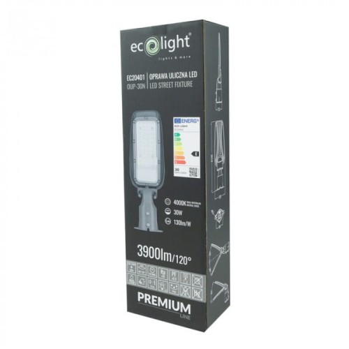 Lampa uliczna LED Premium 30W, 4000K, 130lm/W, IP65. Opakowanie z widoczną grafiką lampy, oznaczeniem energetycznym, informacjami o wydajności oraz logo Eco Light. Ułożona pionowo, na ciemnym tle.