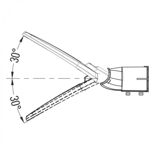 Lampa uliczna Premium 30W 4000K IP65 z możliwością regulacji kąta nachylenia do 30°. Prezentowana w widoku bocznym, z wyraźnym układem konstrukcyjnym i detalami mocowania.
