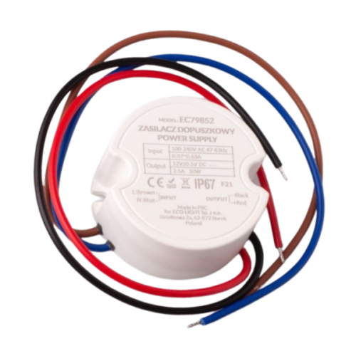 Zasilacz dopuszkowy EC79852 o wymiarach 50x22 mm, kolor biały, z przewodami: brązowym (input), niebieskim, czarnym (output) i czerwonym. Model IP67, moc 30W, napięcie 12V, widok z góry z widocznymi danymi technicznymi.
