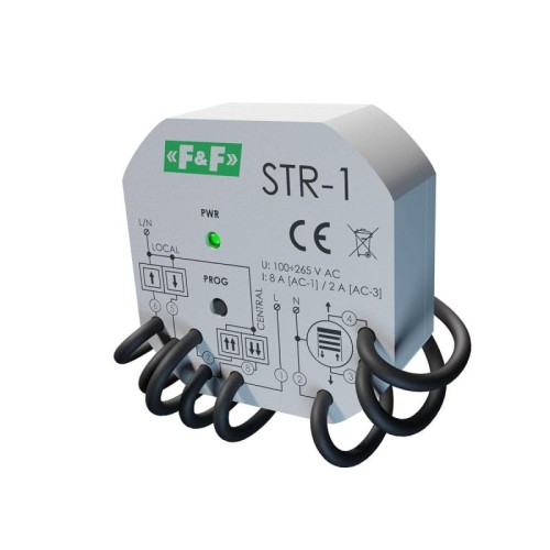 Sterownik rolet dwuprzyciskowy 230V STR-1 w kolorze szarym z zieloną diodą LED, z oznaczeniami do podłączenia i programowania, z sześcioma przewodami. Widok z przodu, ukazujący szczegóły oznaczeń oraz przycisków.