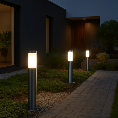 Lampa ogrodowa słupek LIVIA 100 cm w kolorze satynowym, z okrągłym, białym kloszem, stojąca na solidnej podstawie. Ujęcie z boku w ogrodzie, w tle widoczny chodnik i roślinność, lampa emituje miękkie światło w wieczornej scenerii.