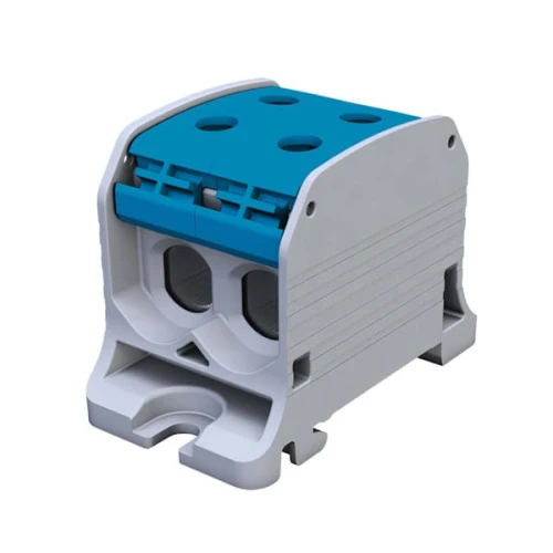 Złączka STB 50-2 w kolorze niebieskim, wykonana z aluminium/miedzi, przeznaczona do przewodów 6-50 mm². Produkt w pozycji stojącej, z widocznymi czterema otworami na górze oraz charakterystycznym kształtem.