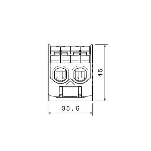 Złączka STB 50-2 w kolorze niebieskim, wykonana z aluminium/miedzi, przeznaczona dla przewodów o przekroju 6-50 mm². Rysunek techniczny.