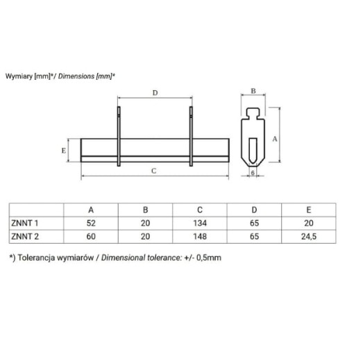 Zwieracz nożowy ZNNT NT2-400A cynowany z wymiarami: A 60 mm, B 20 mm, C 148 mm, D 65 mm, E 24,5 mm. Rysunek techniczny.